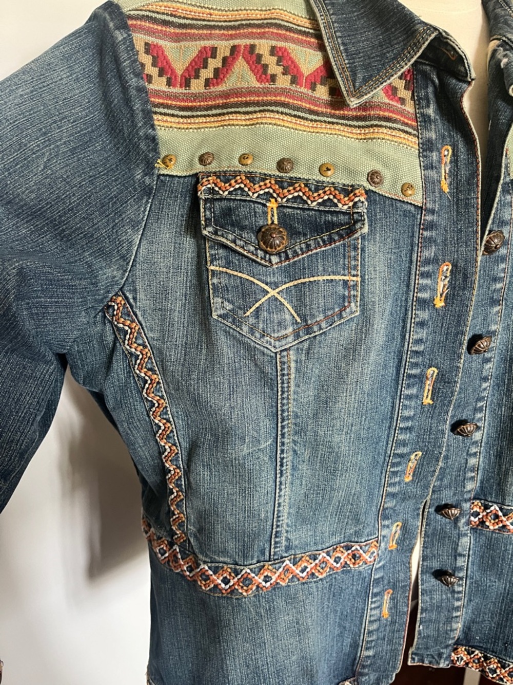 Coldwater Creek Blue Denim Jacket with Multicolor Aztec Trim - Picture 3 of 6